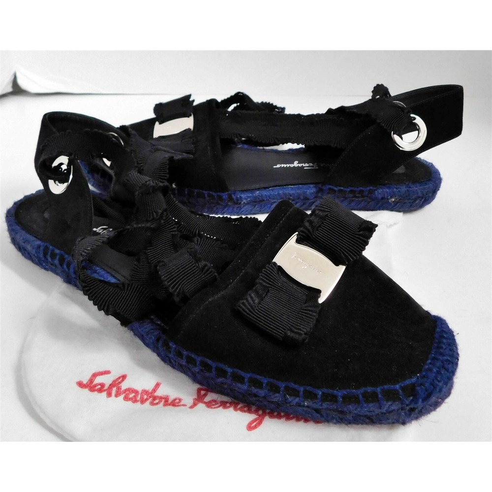 New Salvatore Ferragamo Eileen Black Suede Leather‎ Blue Flat Wrap Sandal 6.5 M